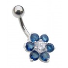Small Sterling Silver Flower Belly Bar - Blue